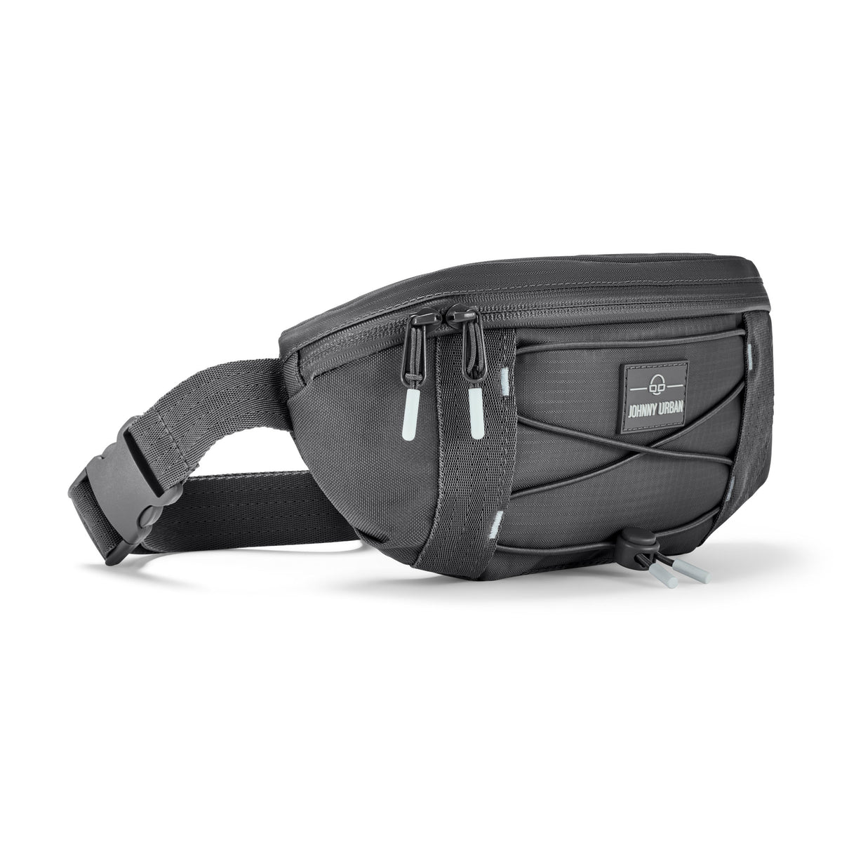 Dunkelgraue Bauchtasche 'Devin' von Johnny Urban aus robustem Material mit Reißverschlüssen und elastischem Gummizug auf der Vorderseite