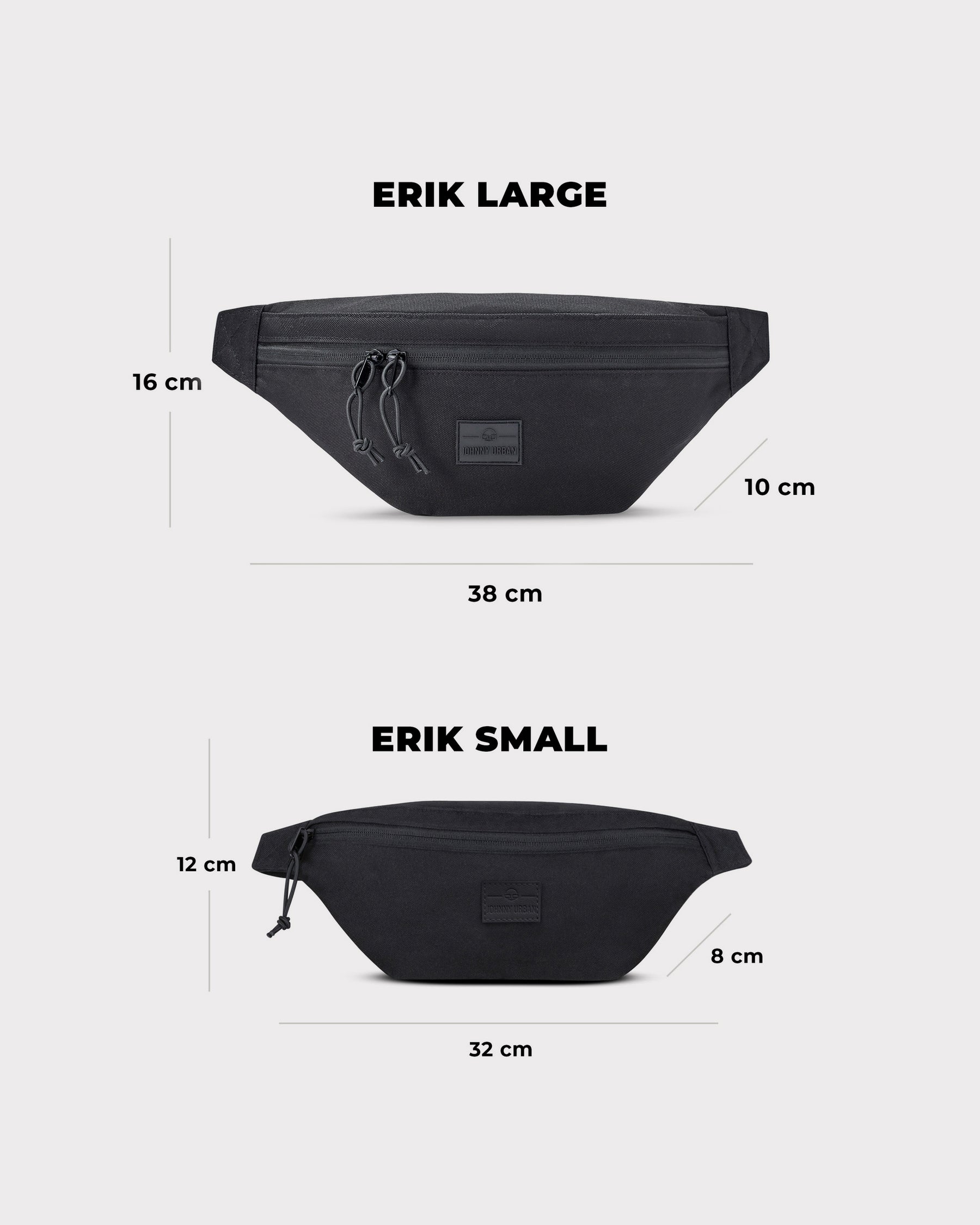 Schwarze Johnny Urban Bauchtasche 'Erik Large' mit Maßen 38x16x10 cm und kleinere 'Erik Small' mit 32x12x8 cm