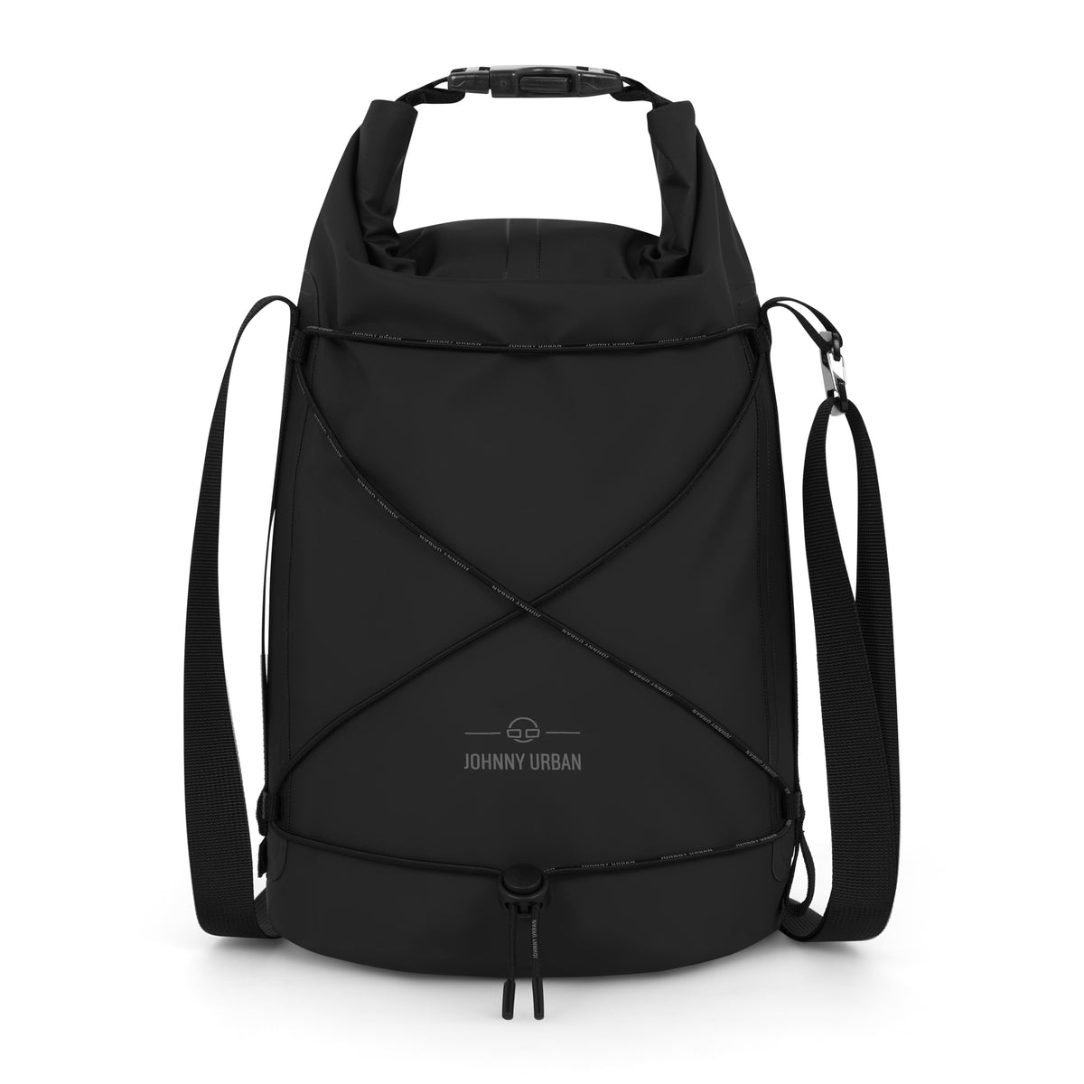 Schwarze wasserdichte Dry Bag Tasche 'Theo' von Johnny Urban mit verstellbarem Schultergurt und Spanngummi vorne