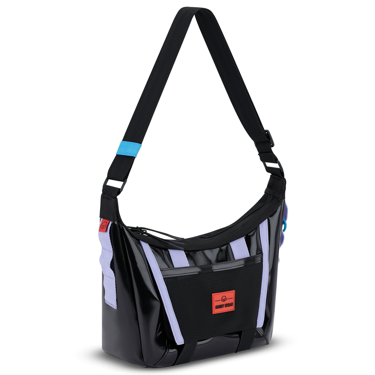 Handtasche 'Liv' von Johnny Urban in schwarz mit fliederfarbenen Applikationen und verstellbarem schwarzen Schultergurt