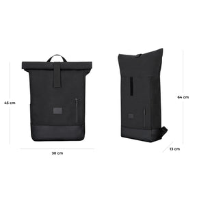 Schwarzer Rolltop Rucksack 'Adam Large' von Johnny Urban mit Maßen 45x30x13 cm und 64 cm Höhe geöffnet
