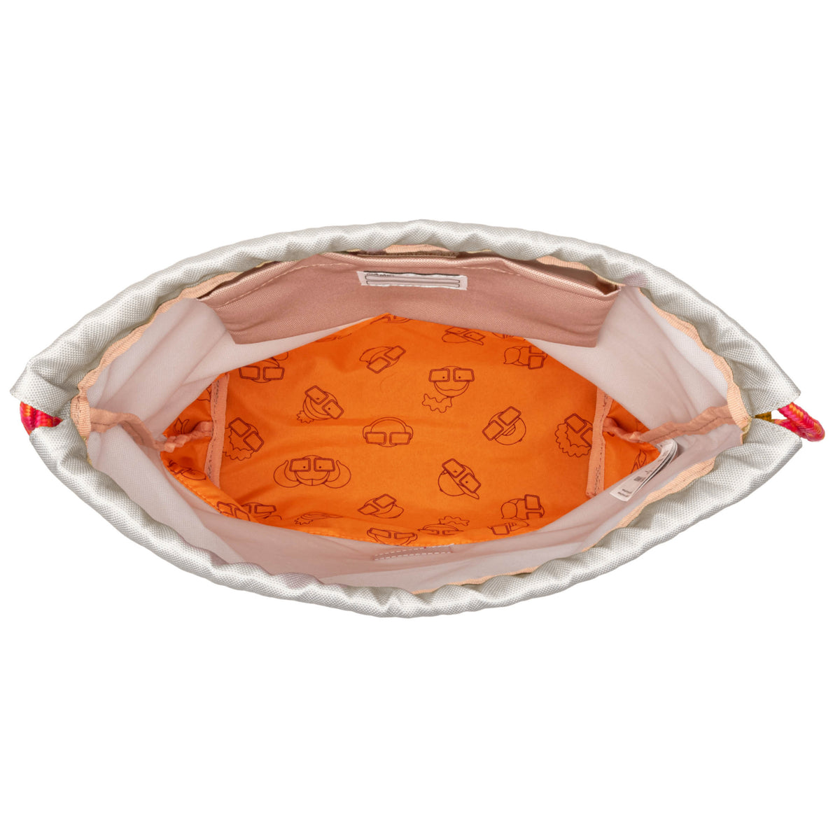 Innenansicht des Kinder Turnbeutels 'Nino' mit orangefarbenem Futter und Markenmuster