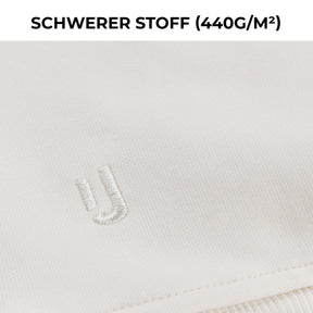 Nahaufnahme des cremefarbenen Oversized Crewnecks 'Carter' von Johnny Urban mit gesticktem Logo
