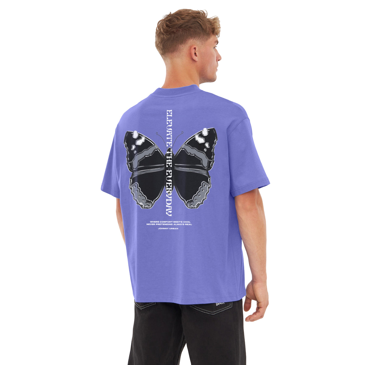 Lila Oversize-T-Shirt Sammy Chrome Butterfly mit schwarzem und grauem Schmetterlingsdruck am Rücken