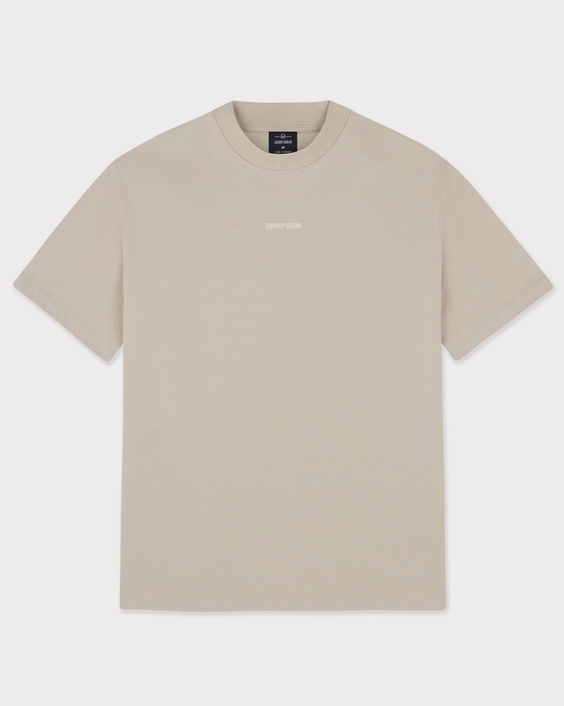 Beiges unisex T-Shirt Sammy Johnny Urban mit kleinem weißen Markenaufdruck vorne