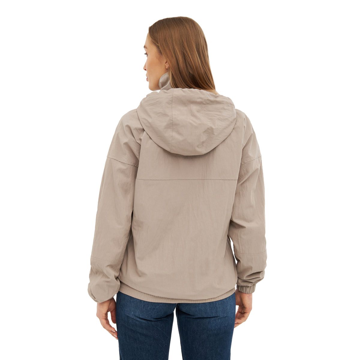 Damen trägt beige Übergangsjacke 'Lennon' mit Kapuze, Rückansicht
