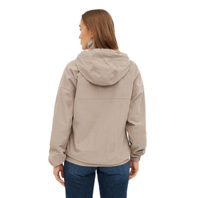 Damen trägt beige Übergangsjacke 'Lennon' mit Kapuze, Rückansicht