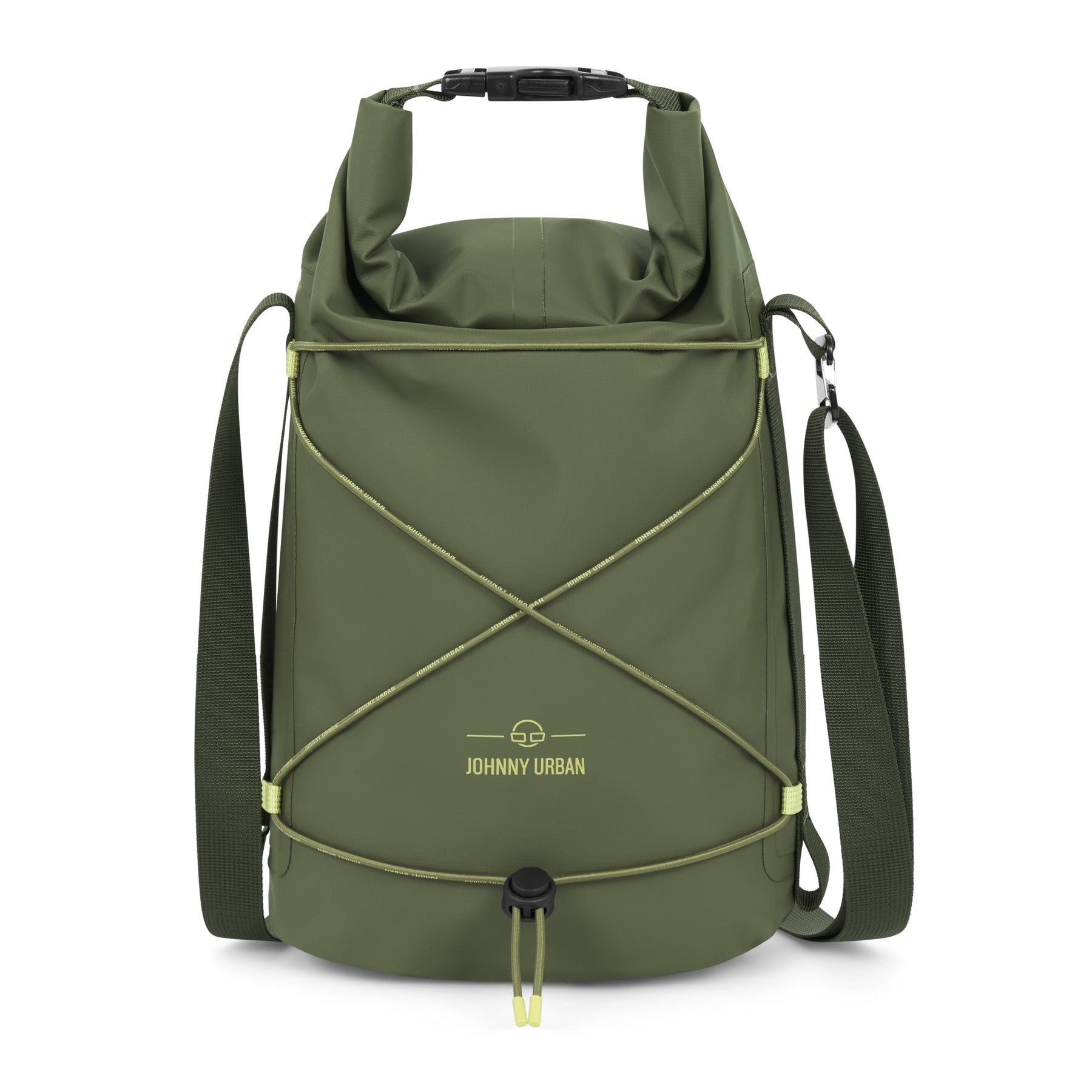 Olivegrüne wasserdichte Dry Bag 'Theo' von Johnny Urban mit verstellbarem Schultergurt und frontaler Gummikordel