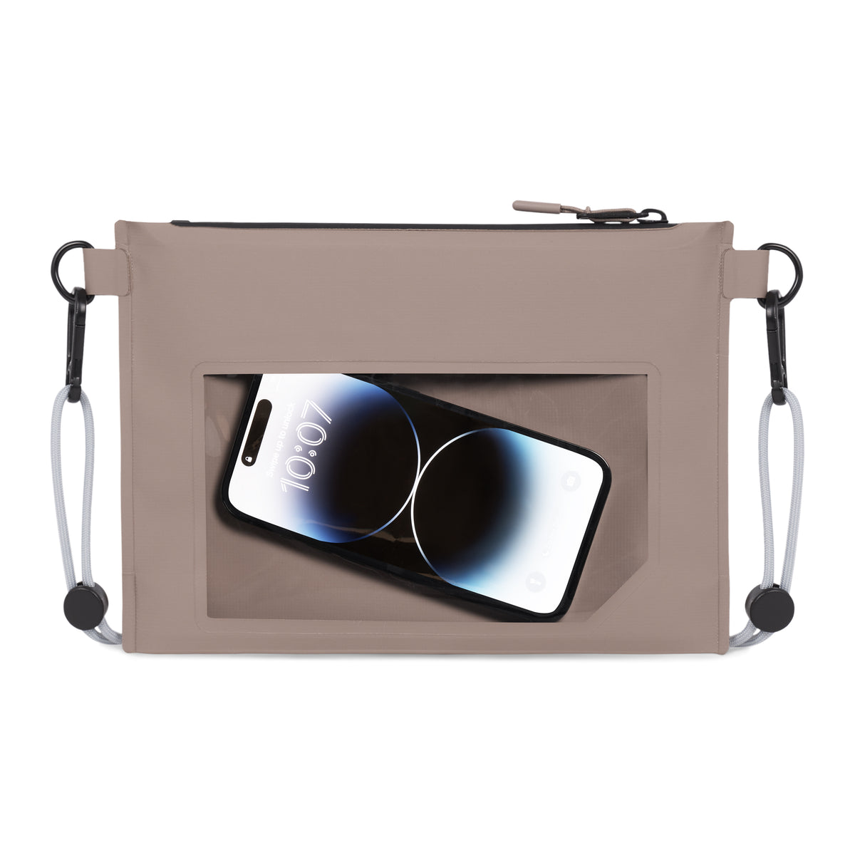 Wasserdichte Tasche Alfie in Beige mit durchsichtigem Sichtfenster und Smartphone darin