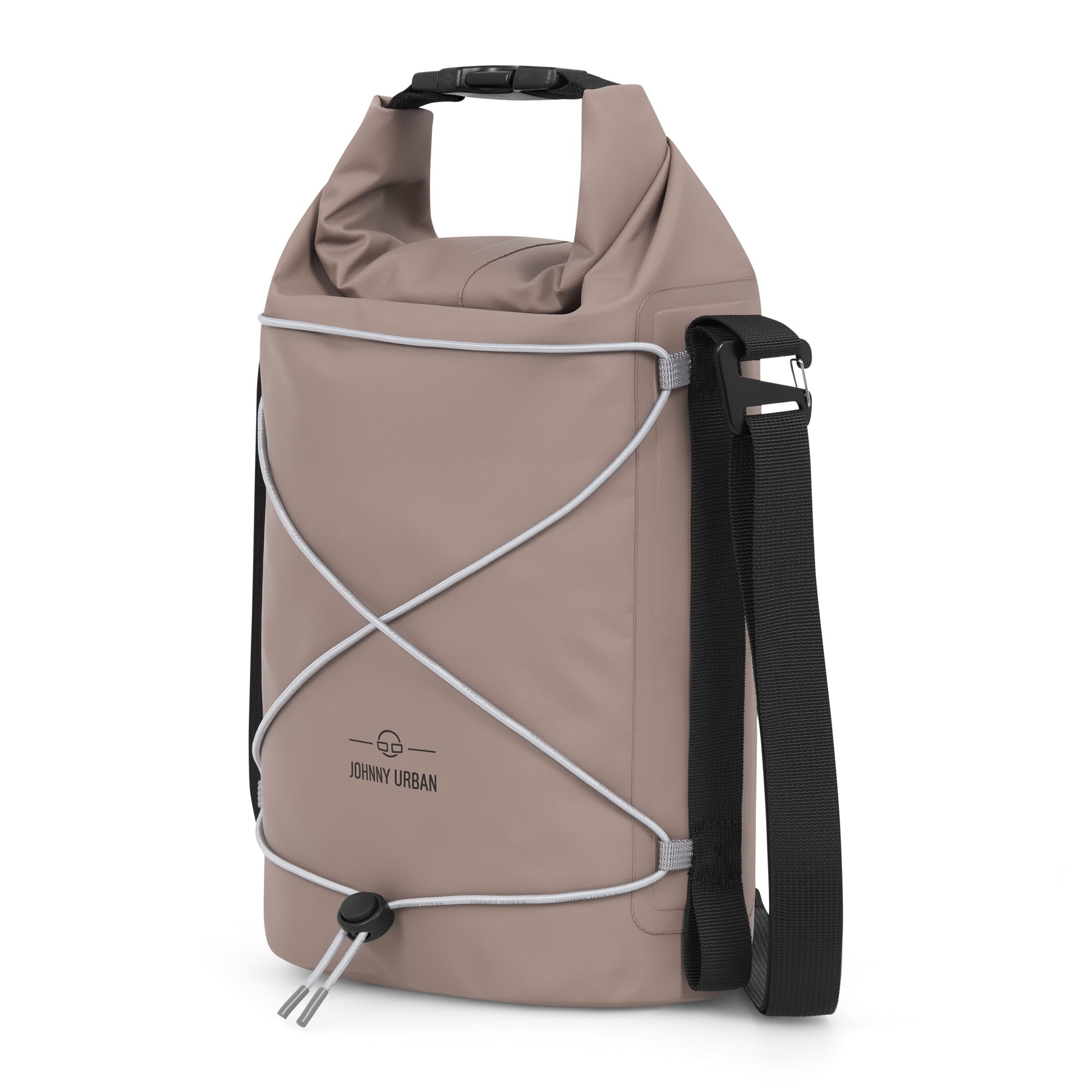 Beige wasserdichte Umhängetasche Dry Bag 'Theo' von Johnny Urban mit verstellbarem schwarzem Schultergurt und elastischem Kordelzug