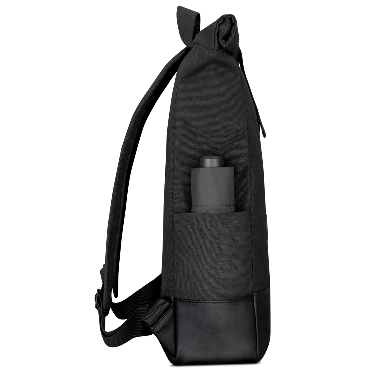 Schwarzer Rolltop Rucksack 'Adam Large' aus Canvas mit Ledersohle und Seitentasche mit schwarzem Gegenstand
