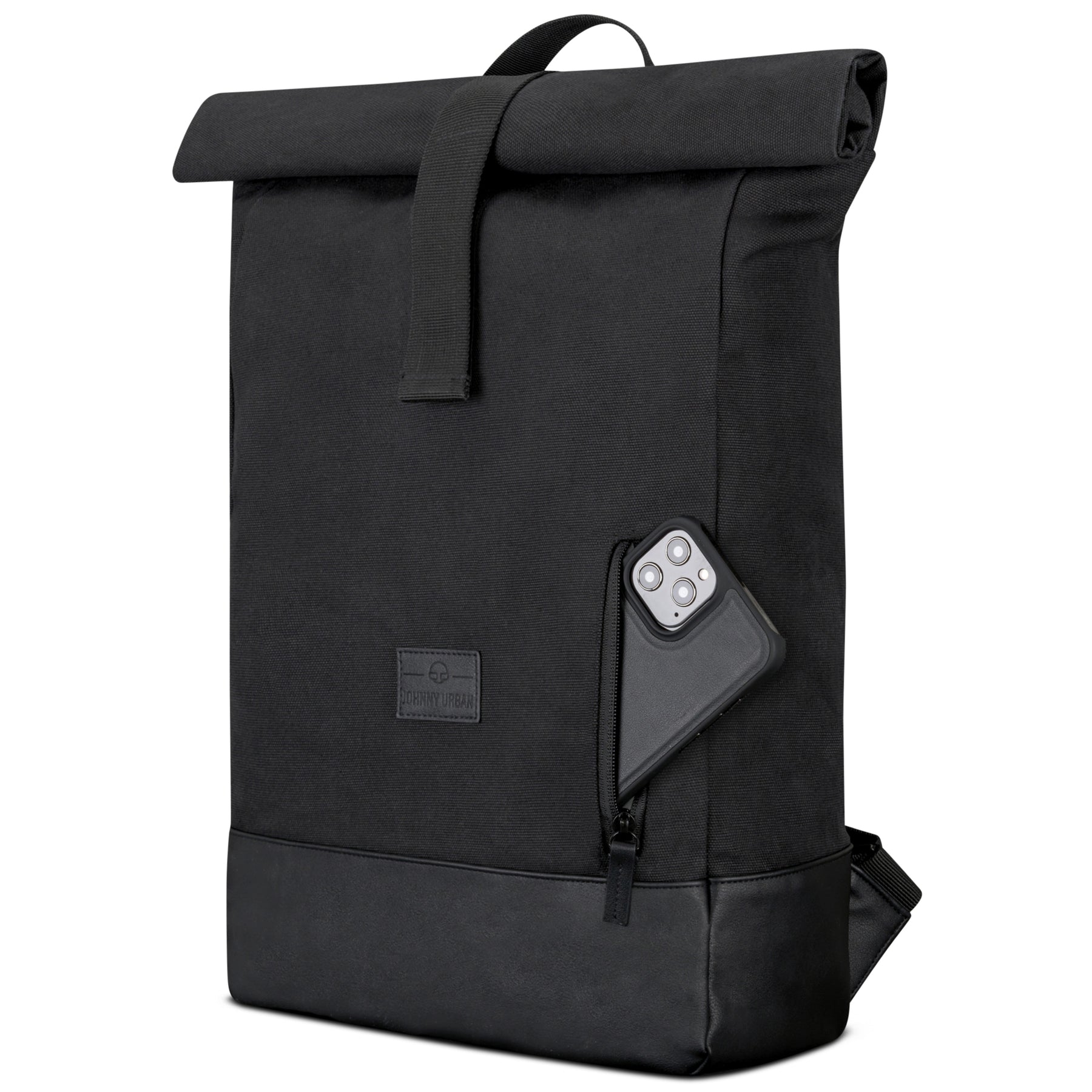 Johnny Urban Rolltop Rucksack 'Adam Large' in Schwarz aus Canvas und Leder mit seitlicher Reißverschlusstasche