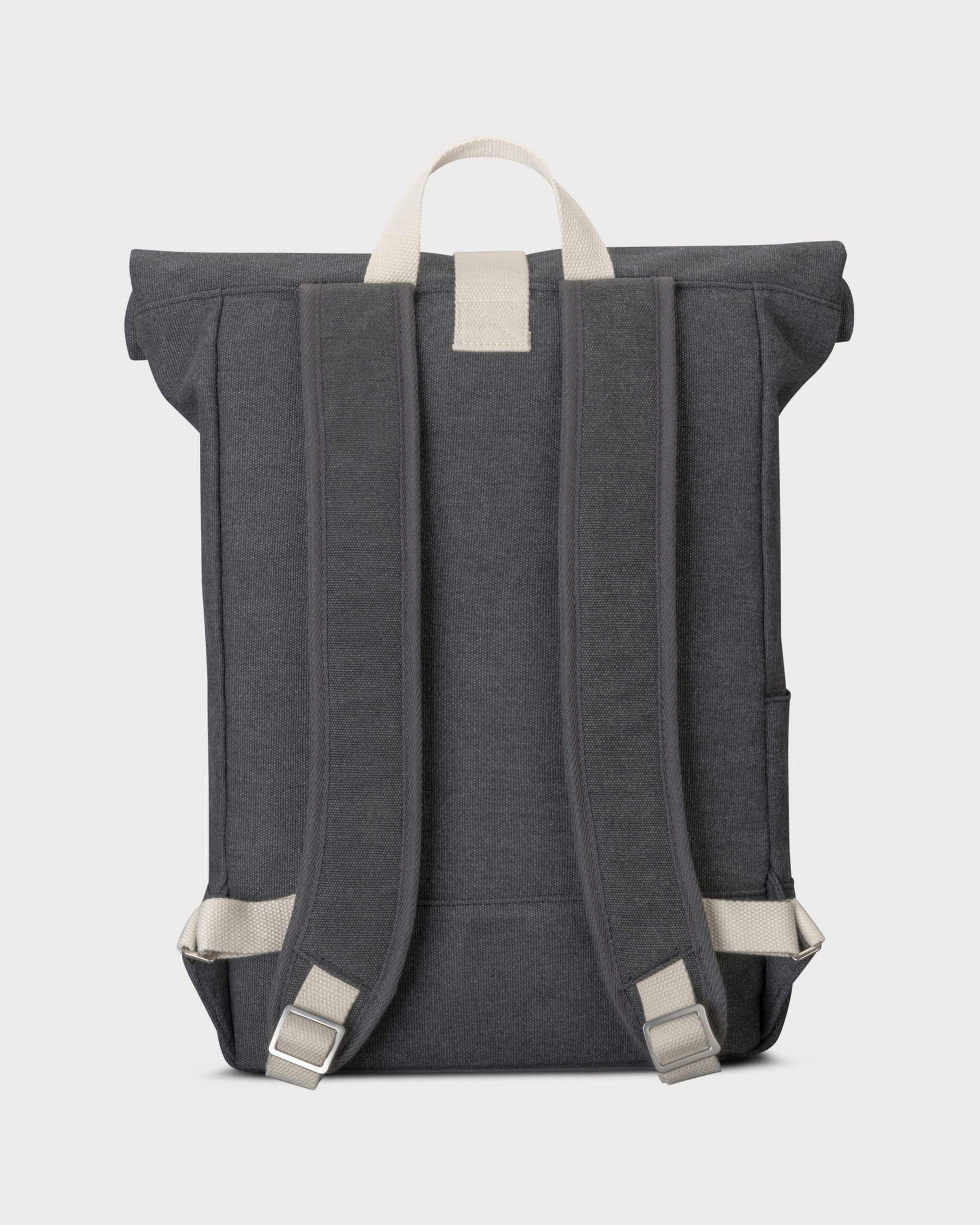 Rolltop Rucksack Adam Medium in Anthrazit, Rückansicht mit gepolsterten Schulterriemen und Trageschlaufe