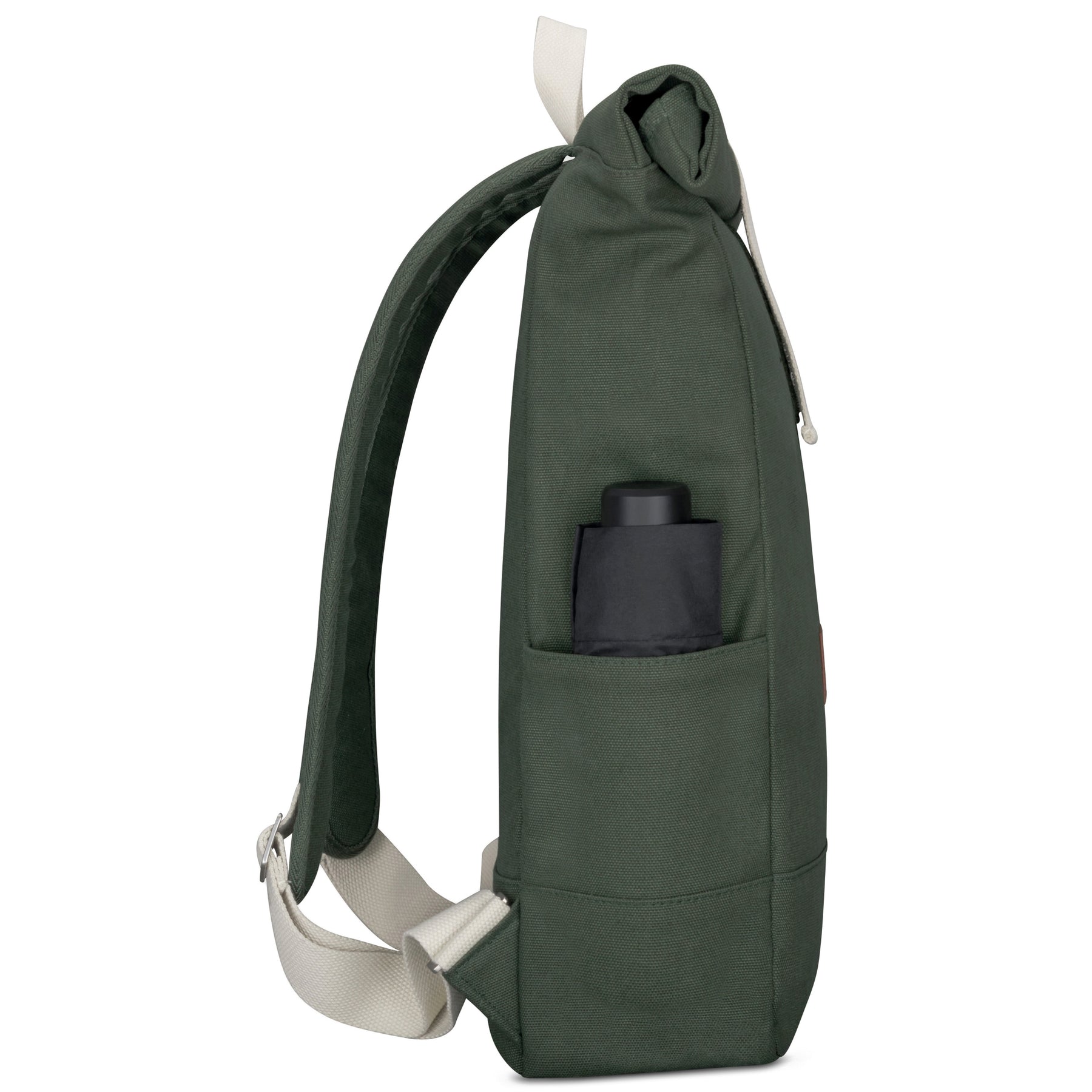 Grüner Rolltop Rucksack 'Adam Large' mit Seitenfach, schwarzer Flasche darin