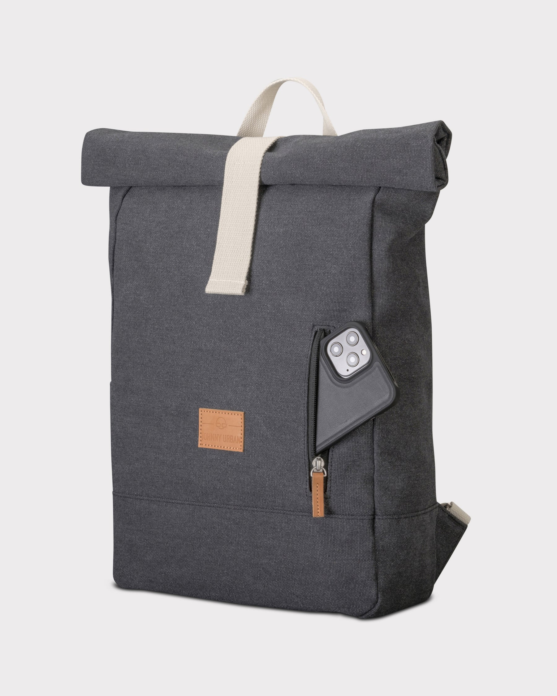 Anthrazitfarbener Rolltop-Rucksack 'Adam Large' mit Fronttasche und Smartphone