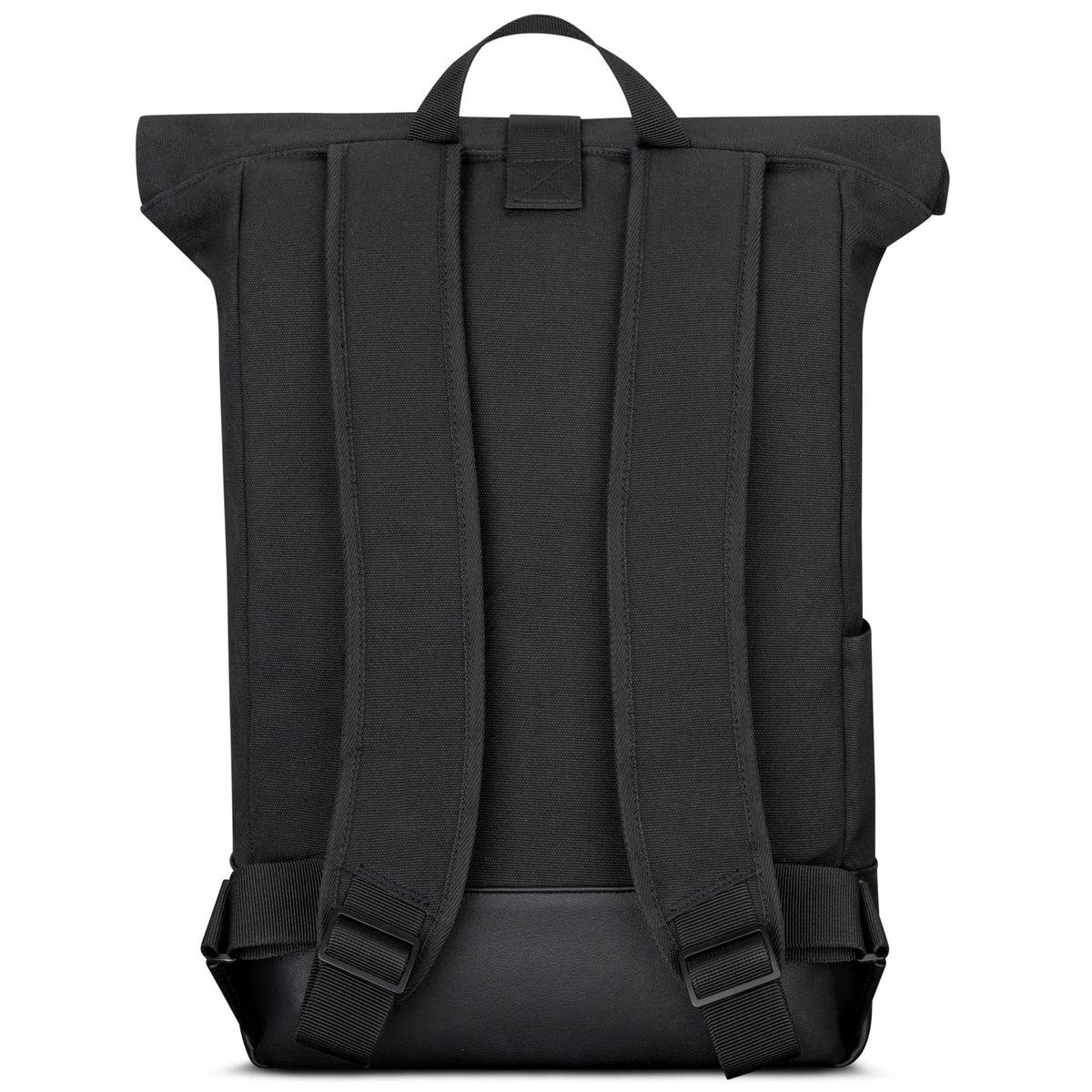 Rolltop Rucksack 'Adam Large' von Johnny Urban aus schwarzem Canvas, Rückseite mit gepolsterten Schultergurten und Tragegriff