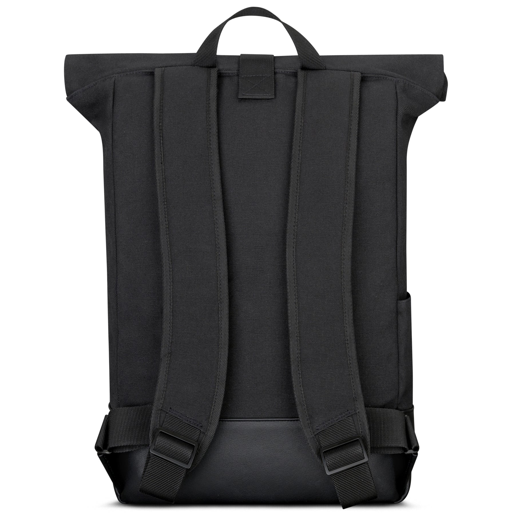 Rolltop Rucksack 'Adam Large' von Johnny Urban aus schwarzem Canvas, Rückseite mit gepolsterten Schultergurten und Tragegriff