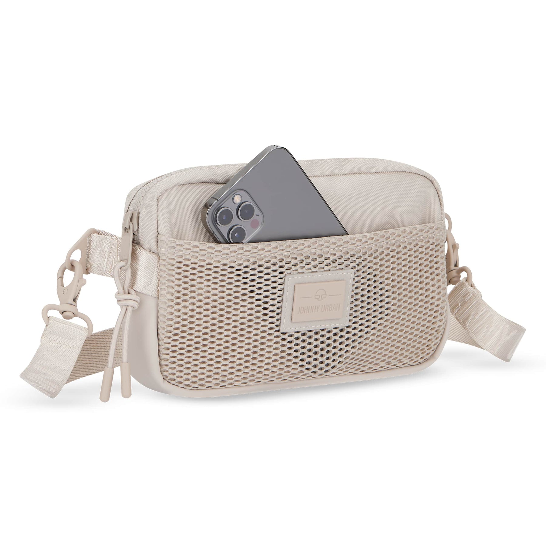 Beige Umhängetasche 'Elliot' mit Netzvordertasche, Smartphone steckt darin