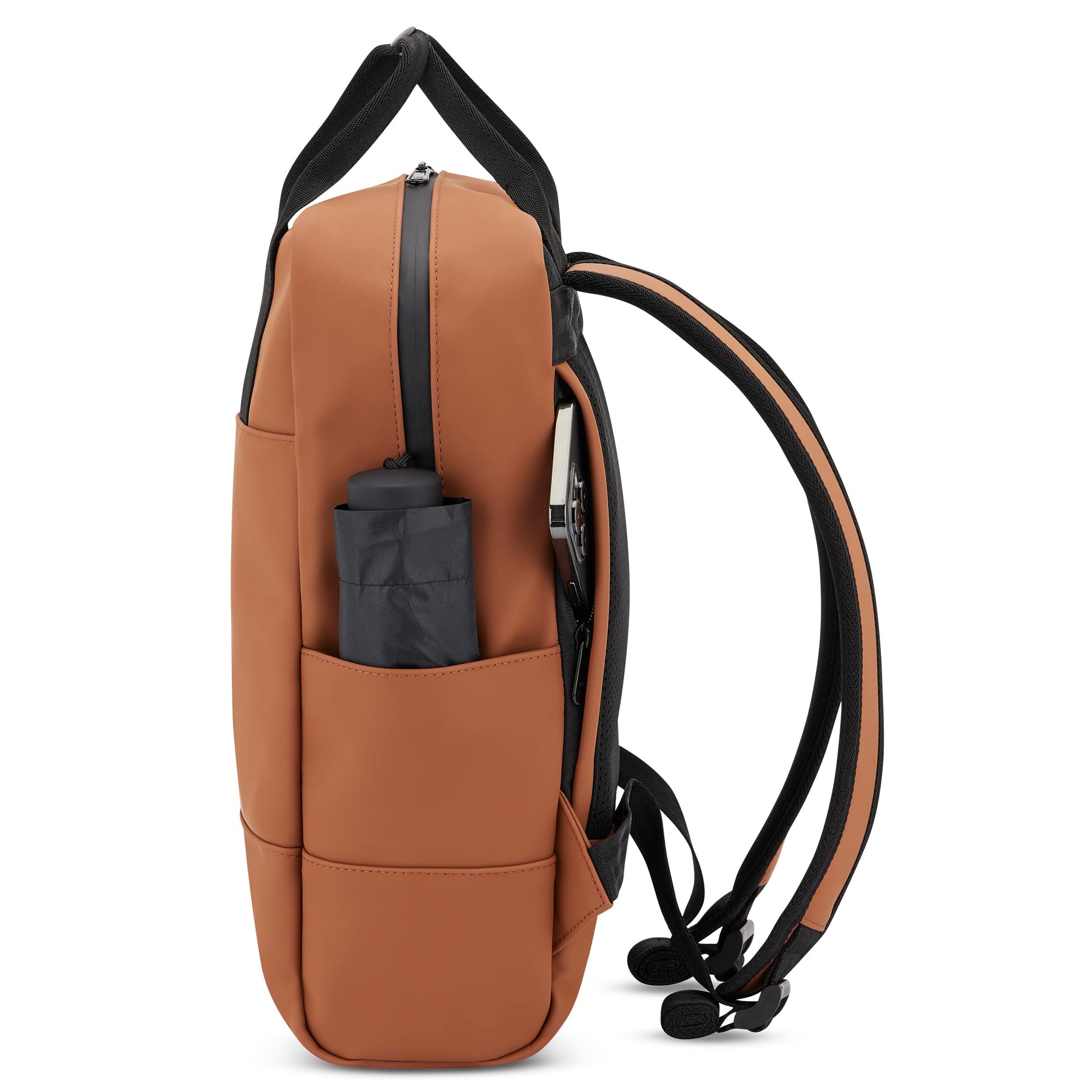 Brauner Damenrucksack 'Hailey' mit schwarzem Regenschirm in der Seitentasche, Laptopfach offen