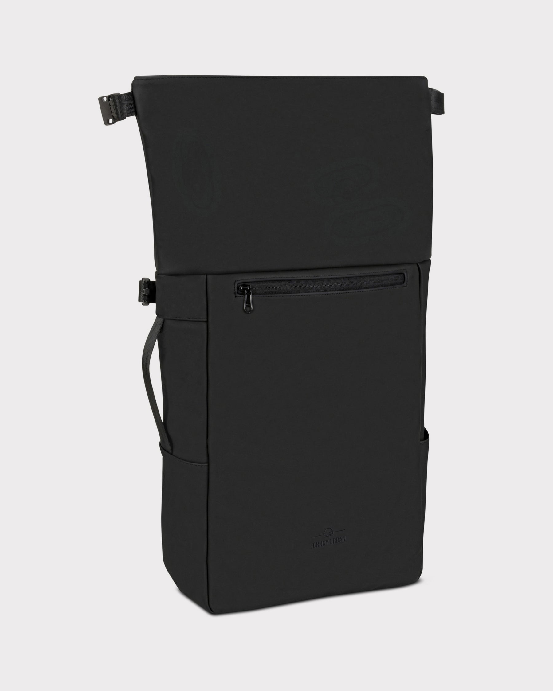 Schwarzer Rolltop Rucksack 'Henry' mit Vorderfach und seitlichen Taschen