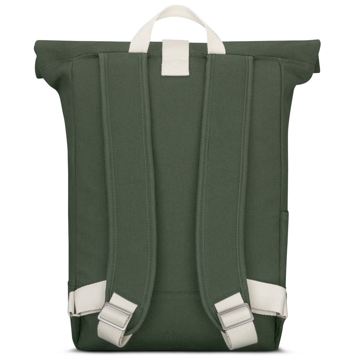 Rückansicht des grünen Rolltop Rucksacks 'Adam Large' mit weißen gepolsterten Schultergurten und Trageschlaufe aus Canvas
