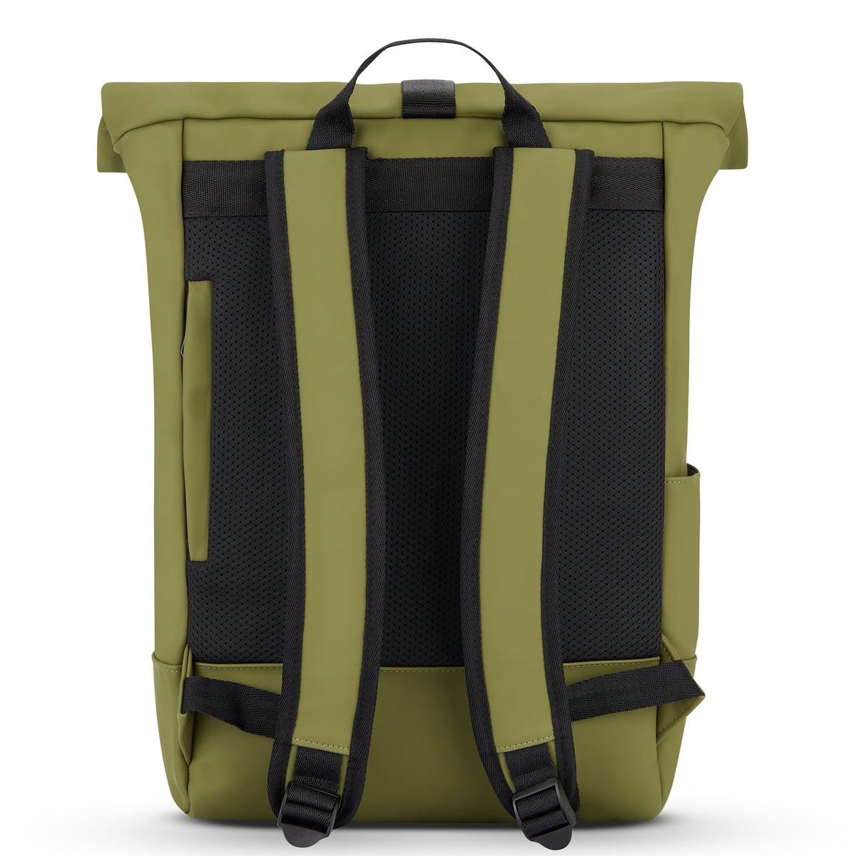 Rolltop Rucksack 'Harvey Medium' in Olivegrün, Rückseite mit gepolsterten schwarzen Trägern und atmungsaktivem Rücken
