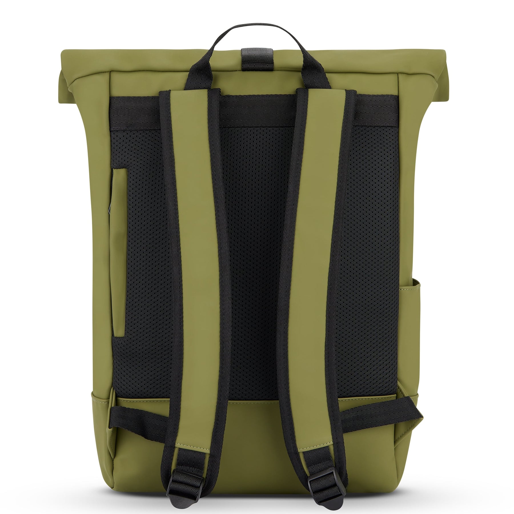 Rolltop Rucksack 'Harvey Medium' in Olivegrün, Rückseite mit gepolsterten schwarzen Trägern und atmungsaktivem Rücken