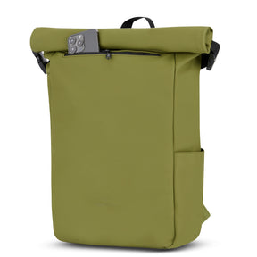Olivgrüner Rolltop-Rucksack 'Henry' mit seitlicher Außentasche und vorderer Reißverschlusstasche mit Smartphone